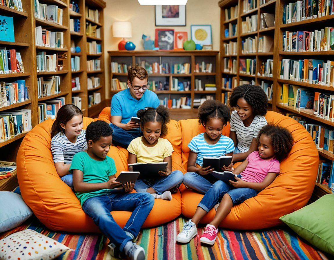 A diverse group of children joyfully immersed in reading digital books on various devices, surrounded by bright, playful illustrations of letters and words swirling around them. Incorporate a cozy learning environment with colorful cushions and bookshelves in the background. Highlight their expressions of excitement and curiosity. super-realistic. vibrant colors. cheerful atmosphere.