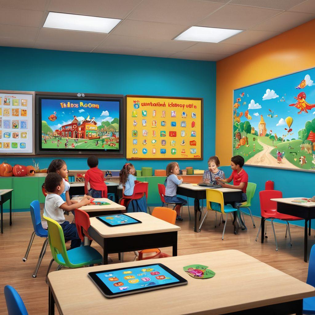 A vibrant classroom setting filled with diverse children joyfully engaging in colorful educational games on digital tablets and interactive whiteboards. Brightly decorated walls with motivational posters and playful learning materials create an inviting atmosphere. Include elements like animated characters and engaging visuals that represent fun learning experiences. super-realistic. vibrant colors. playful theme.