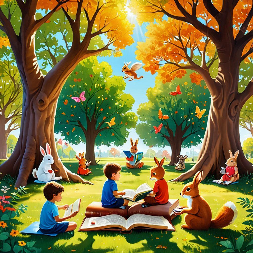 A whimsical scene featuring a diverse group of children happily reading books in a sunlit park surrounded by colorful trees and playful animals. Each child holds a different book showcasing various genres like adventure, fantasy, and science, while some books float magically around them, symbolizing the joy of literacy. Emphasize warmth, excitement, and creativity in the atmosphere. vibrant colors. storytelling theme. cheerful cartoon style.